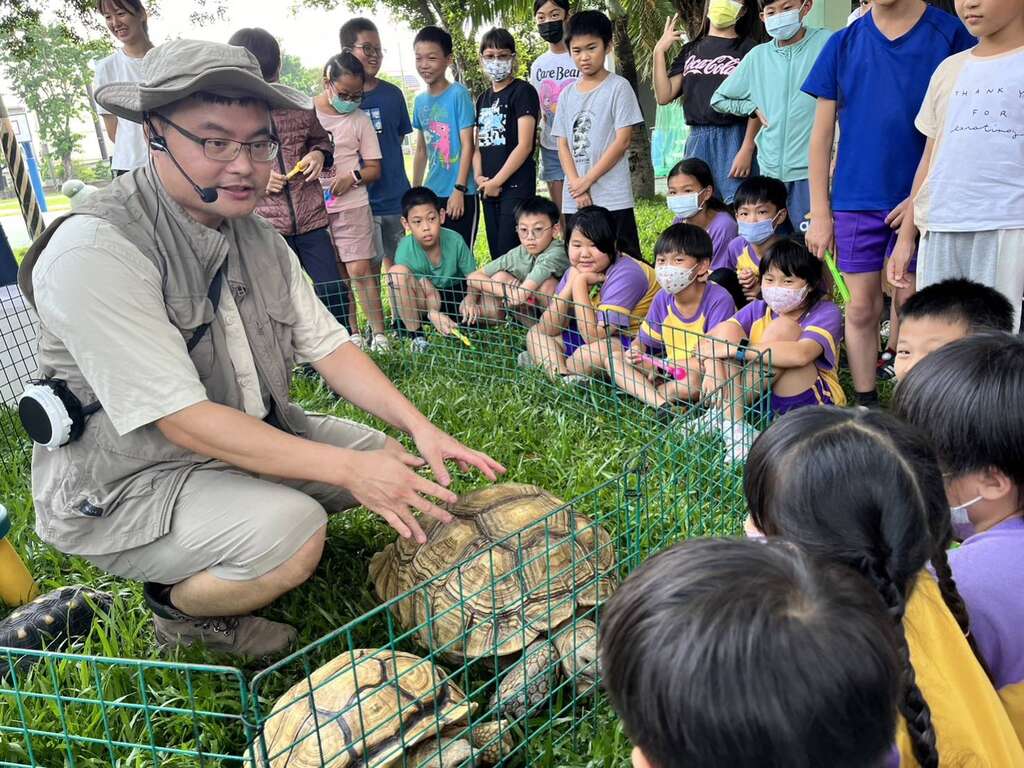 圖五 小朋友聚精會神聆聽樣爸解說龜殼構造